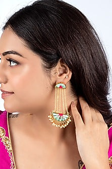 Gold Finish Hand Embroidered Dangler Earrings In Brass