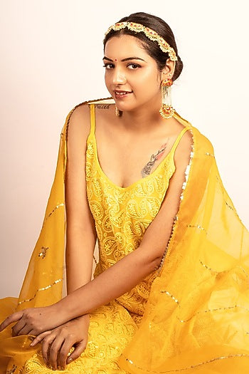 Gold Finish Embroidered & Pearl Dangler Earrings