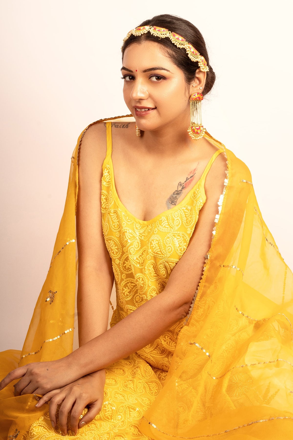 Gold Finish Embroidered & Pearl Dangler Earrings