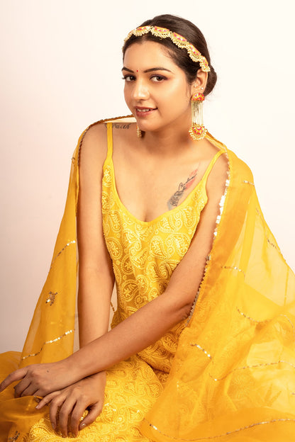 Gold Finish Embroidered & Pearl Dangler Earrings