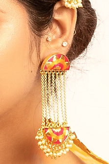 Gold Finish Embroidered & Pearl Dangler Earrings