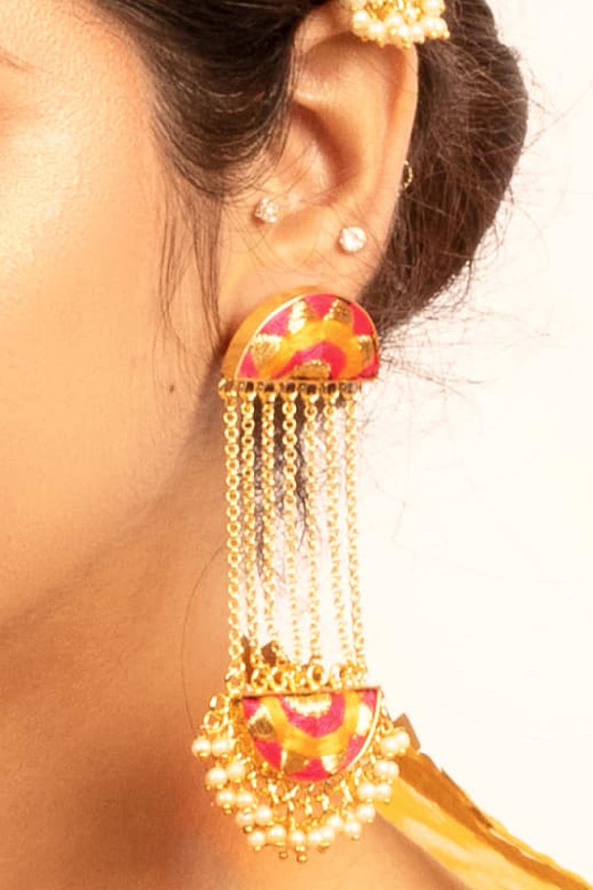 Gold Finish Embroidered & Pearl Dangler Earrings