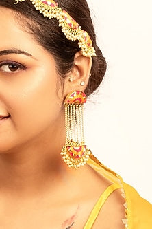 Gold Finish Embroidered & Pearl Dangler Earrings