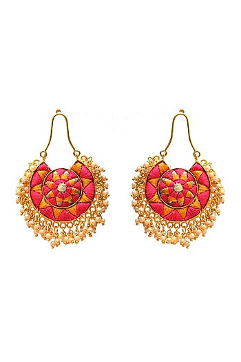 Gold Finish Hand Embroidered Chandbali Earrings With Pearls