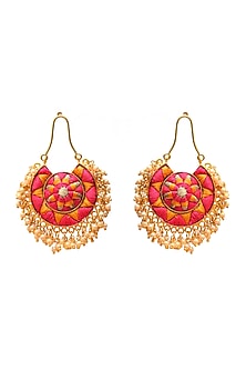 Gold Finish Hand Embroidered Chandbali Earrings With Pearls