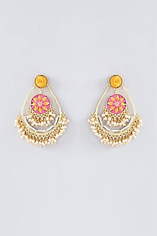 Matte Gold Finish Hot Pink Thread Embroidered Chandbali Earrings