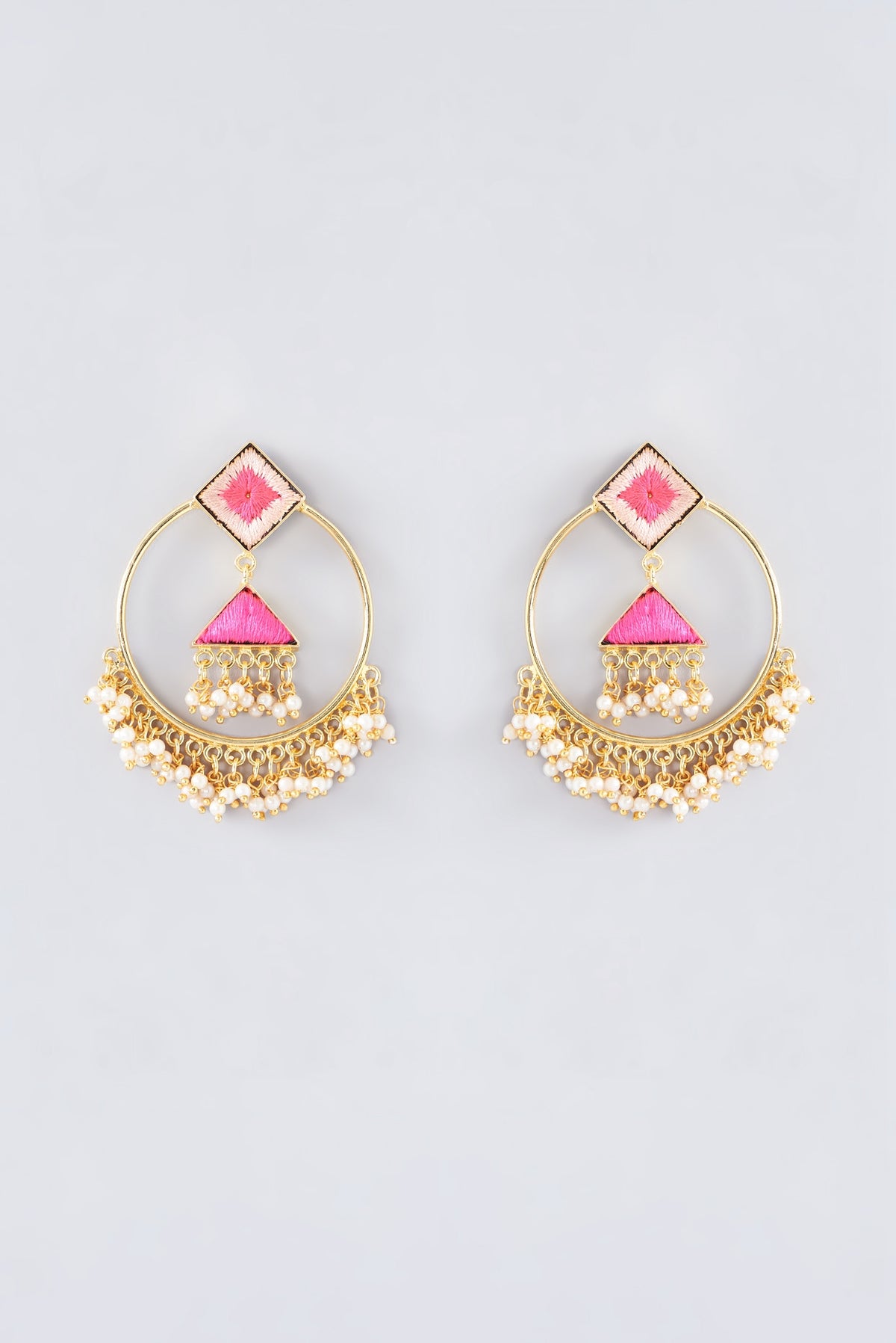Matte Gold Finish Peach Thread Embroidered Hoop Earrings