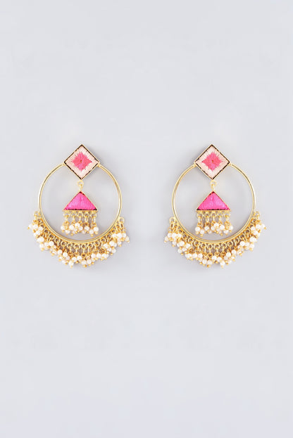 Matte Gold Finish Peach Thread Embroidered Hoop Earrings