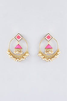 Matte Gold Finish Peach Thread Embroidered Hoop Earrings