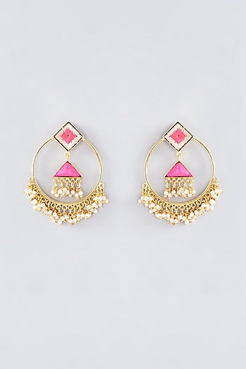 Matte Gold Finish Peach Thread Embroidered Hoop Earrings