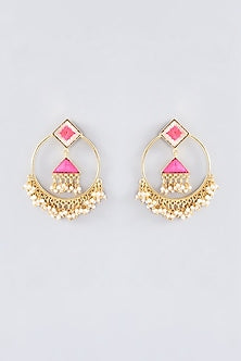 Matte Gold Finish Peach Thread Embroidered Hoop Earrings