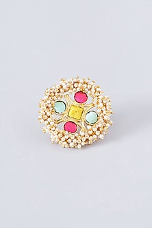 Matte Gold Finish Multi-Colored Thread Embroidered Ring