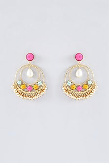 Matte Gold Finish Thread Embroidered Chandbali Earrings