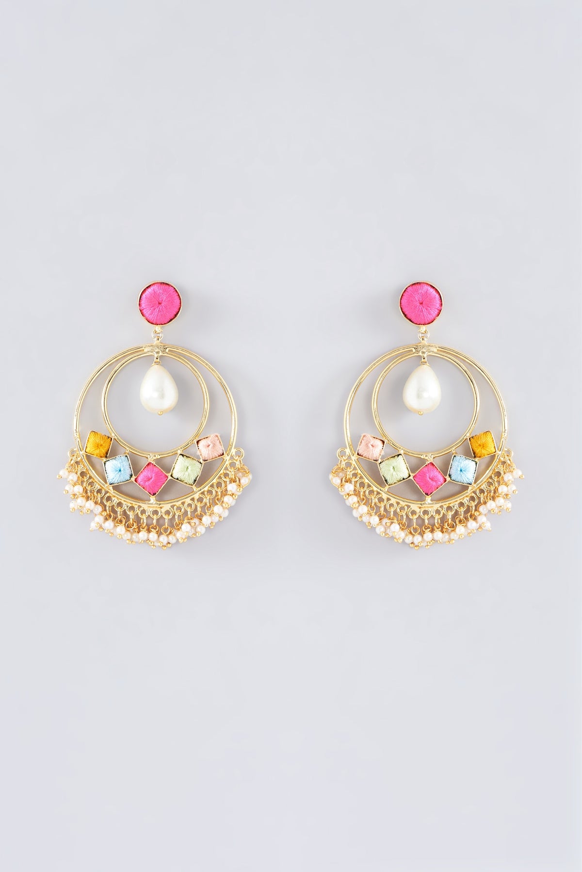 Matte Gold Finish Thread Embroidered Chandbali Earrings
