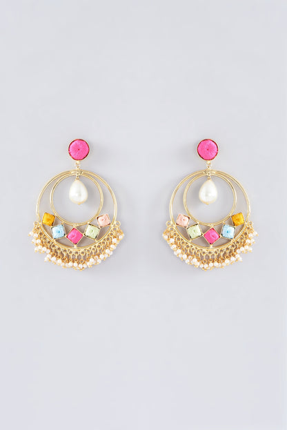 Matte Gold Finish Thread Embroidered Chandbali Earrings