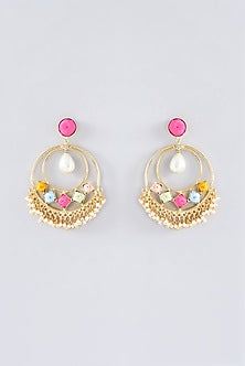 Matte Gold Finish Thread Embroidered Chandbali Earrings