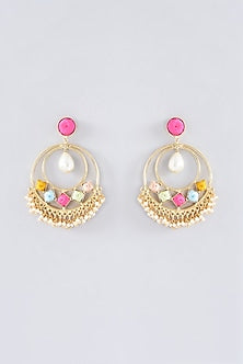 Matte Gold Finish Thread Embroidered Chandbali Earrings