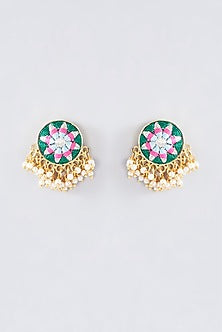 Matte Gold Finish Green Thread Embroidered Stud Earrings