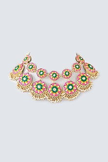 Matte Gold Finish Multi-Colored Thread Embroidered Geometric Necklace