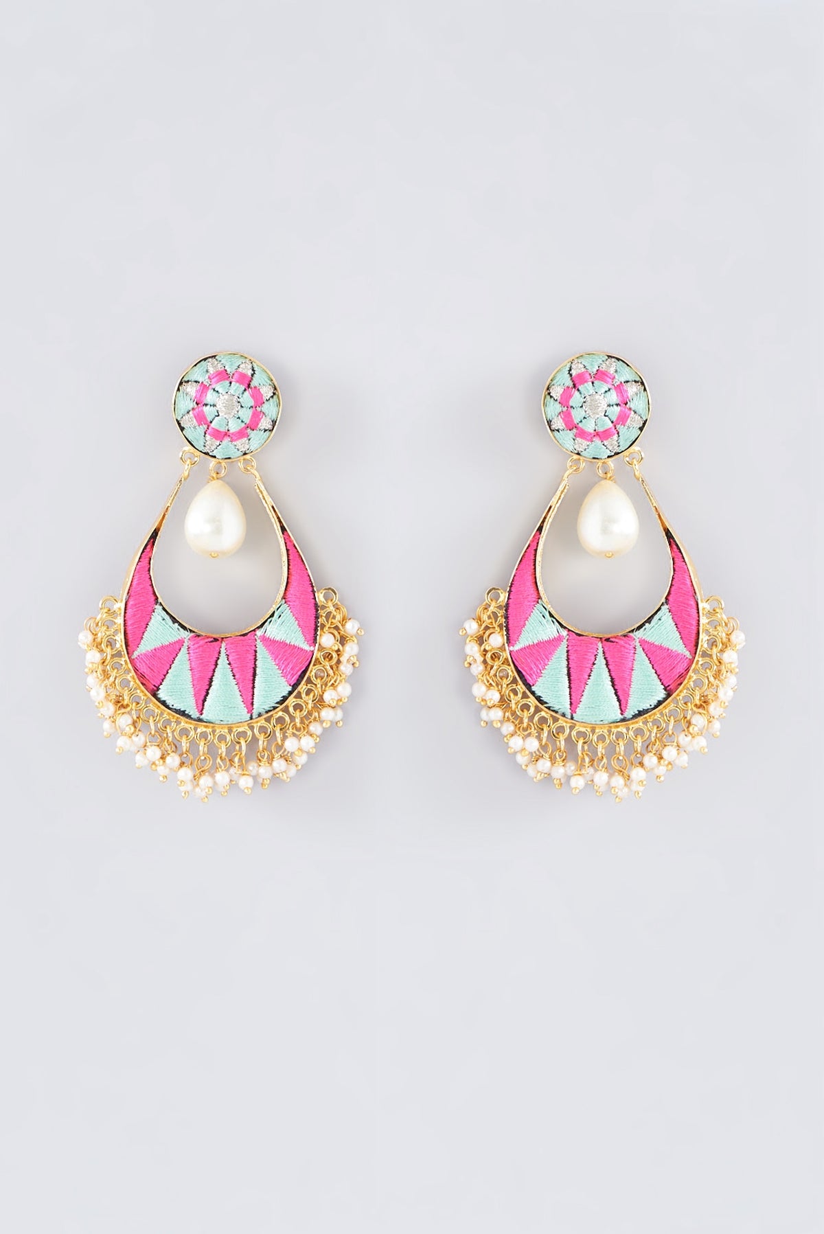Matte Gold Finish Pink Thread Embroidered Chandbali Earrings