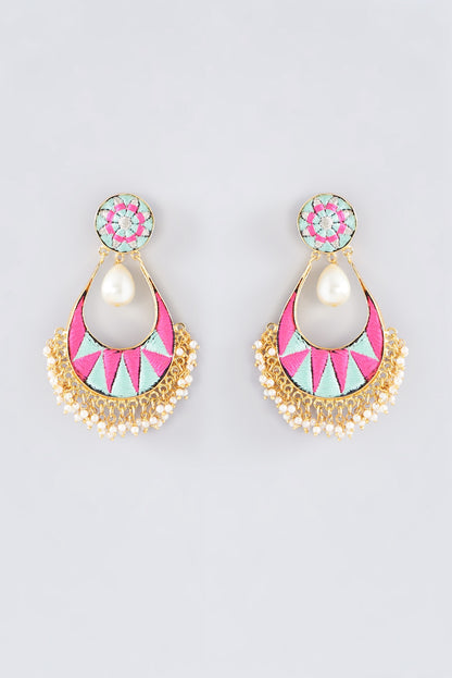 Matte Gold Finish Pink Thread Embroidered Chandbali Earrings