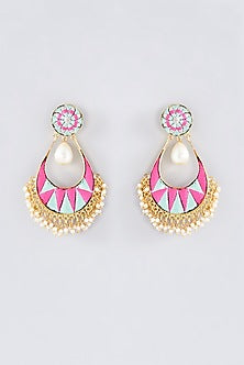 Matte Gold Finish Pink Thread Embroidered Chandbali Earrings
