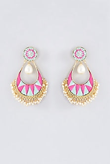Matte Gold Finish Pink Thread Embroidered Chandbali Earrings