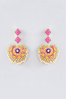 Matte Gold Finish Rose Pink Thread Embroidered Chandbali Earrings