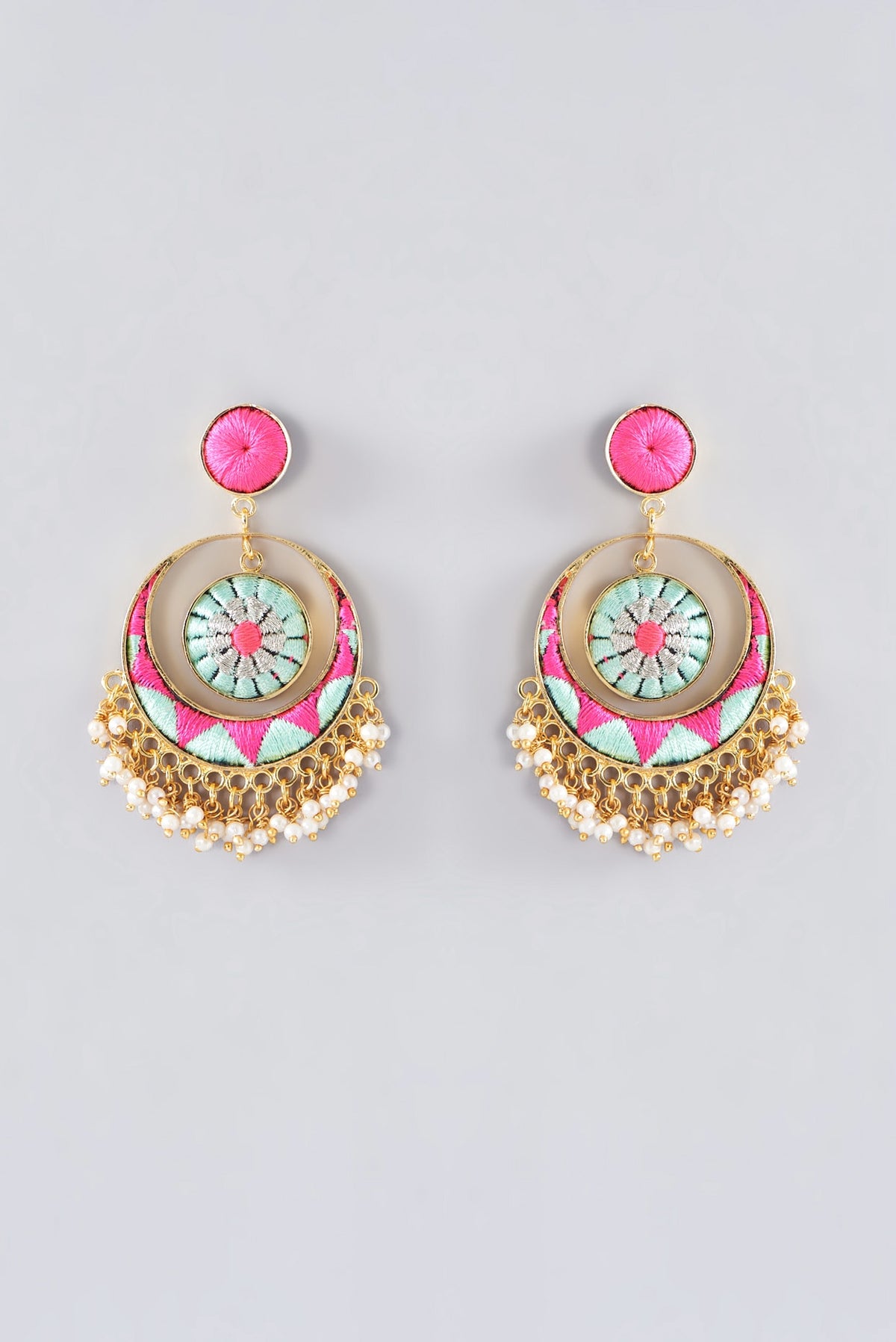 Matte Gold Finish Multi-Colored Thread Embroidered Chandbali Earrings