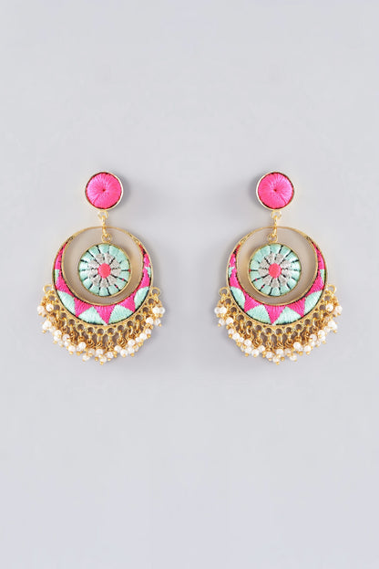 Matte Gold Finish Multi-Colored Thread Embroidered Chandbali Earrings