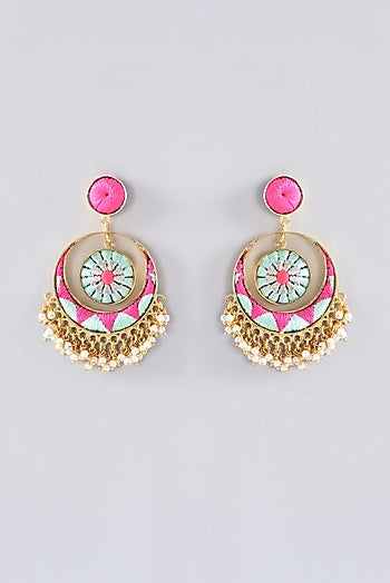 Matte Gold Finish Multi-Colored Thread Embroidered Chandbali Earrings