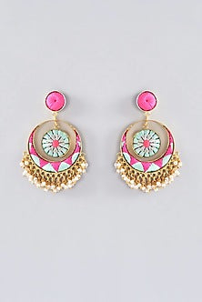 Matte Gold Finish Multi-Colored Thread Embroidered Chandbali Earrings