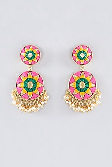 Matte Gold Finish Cerise Pink Thread Embroidered Dangler Earrings