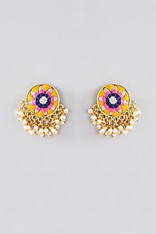 Matte Gold Finish Fog Yellow Thread Embroidered Stud Earrings