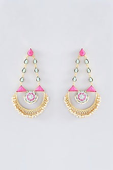Matte Gold Finish Hot Pink Thread Embroidered Chandbali Earrings