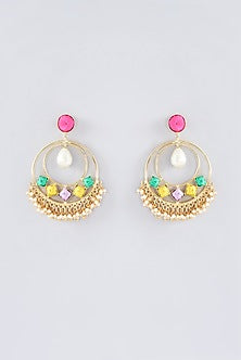 Matte Gold Finish Multi-Colored Thread Embroidered Chandbali Earrings