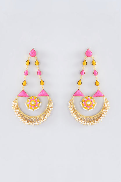 Matte Gold Finish Hot Pink Thread Embroidered Chandbali Earrings