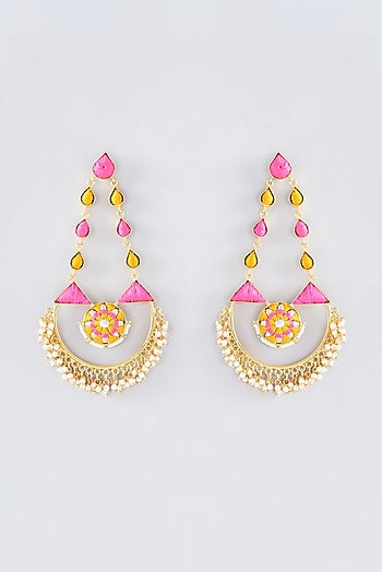 Matte Gold Finish Hot Pink Thread Embroidered Chandbali Earrings