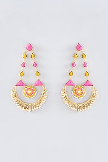 Matte Gold Finish Hot Pink Thread Embroidered Chandbali Earrings