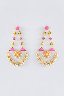 Matte Gold Finish Hot Pink Thread Embroidered Chandbali Earrings