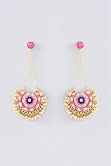 Matte Gold Finish Peach Pink Thread Embroidered Chandbali Earrings
