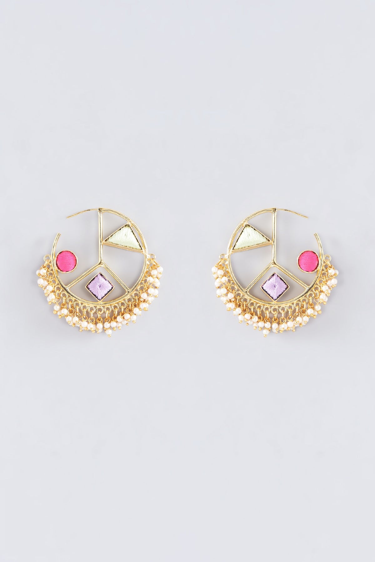 Matte Gold Finish Multi-Colored Thread Embroidered Hoop Earrings