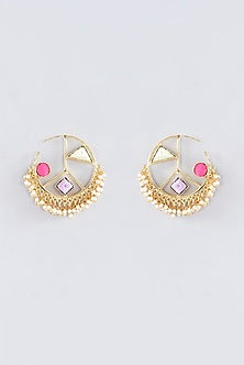Matte Gold Finish Multi-Colored Thread Embroidered Hoop Earrings