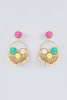 Matte Gold Finish Multi-Colored Thread Embroidered Chandbali Earrings