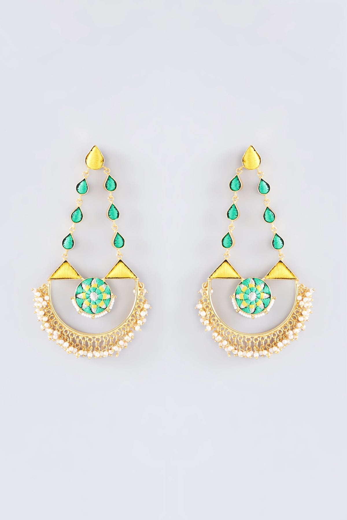 Matte Gold Finish Lime Green Thread Embroidered Half Moon Earrings
