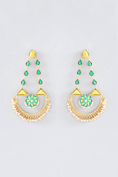 Matte Gold Finish Lime Green Thread Embroidered Half Moon Earrings