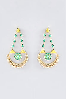 Matte Gold Finish Lime Green Thread Embroidered Half Moon Earrings