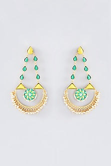 Matte Gold Finish Lime Green Thread Embroidered Half Moon Earrings