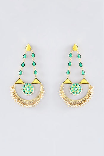 Matte Gold Finish Lime Green Thread Embroidered Half Moon Earrings