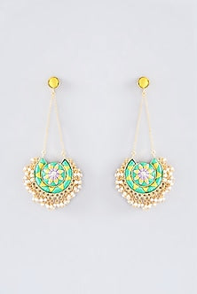 Matte Gold Finish Green Thread Embroidered Chandbali Earrings
